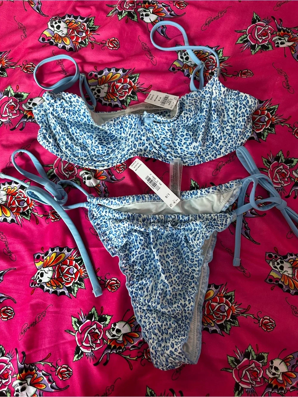 Frankie's Bikinis Light Blue and White Leopard Print Tie-Side Bikini